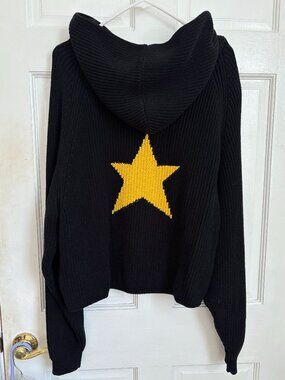 Vwoollo Star Knit Hoodie Black and Yellow Star Cotton Thick Cozy Hood Pullover M